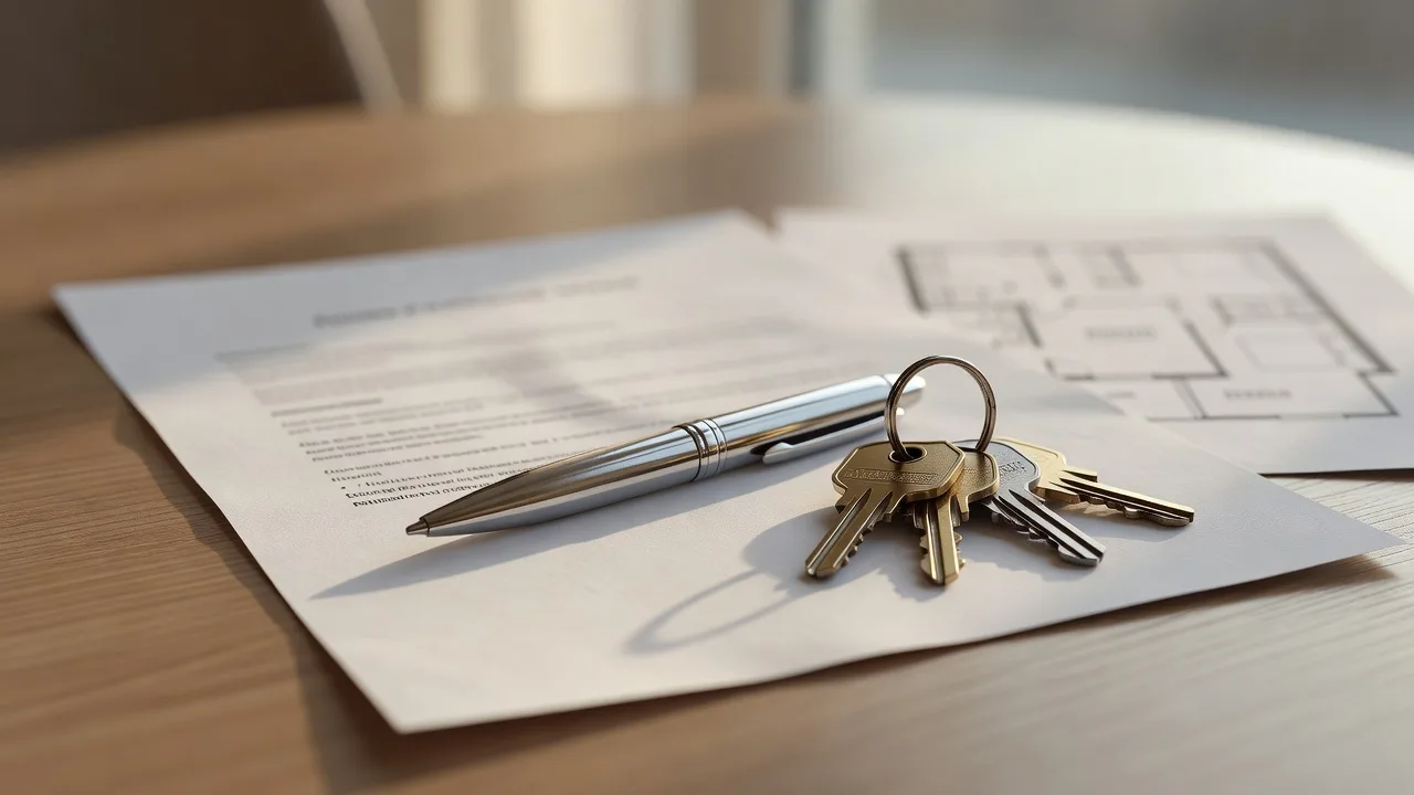 Договор купли-продажи квартиры, ключи и план квартиры на столе