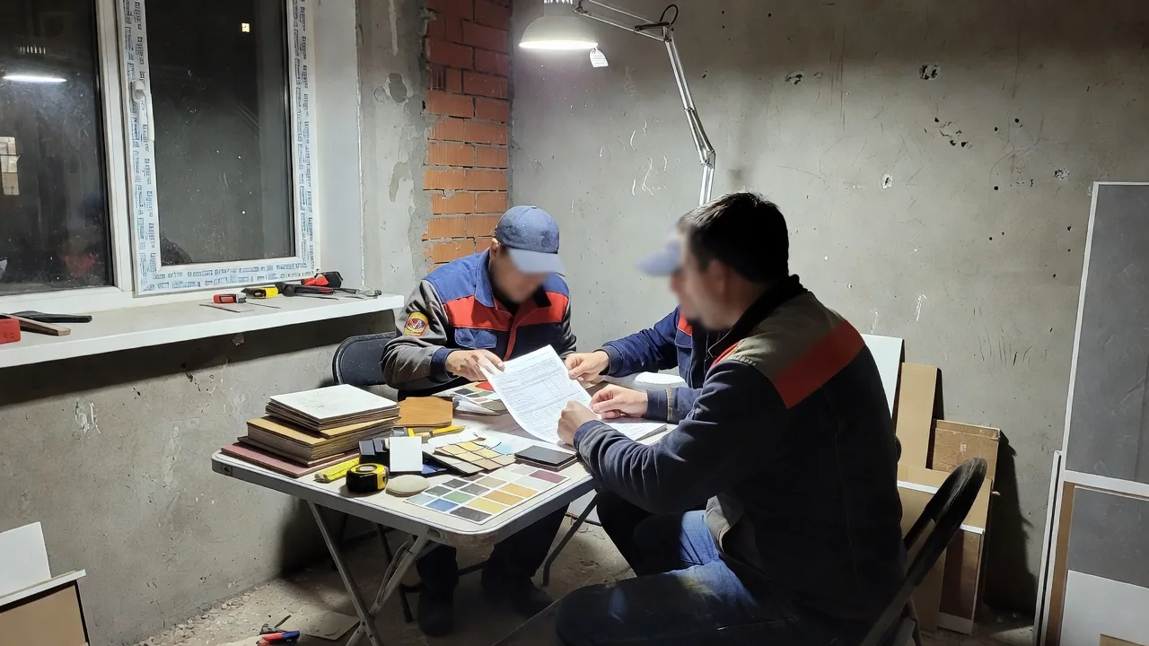 Прораб показывает клиенту постатейную смету и образцы отделочных материалов для ремонта комнаты