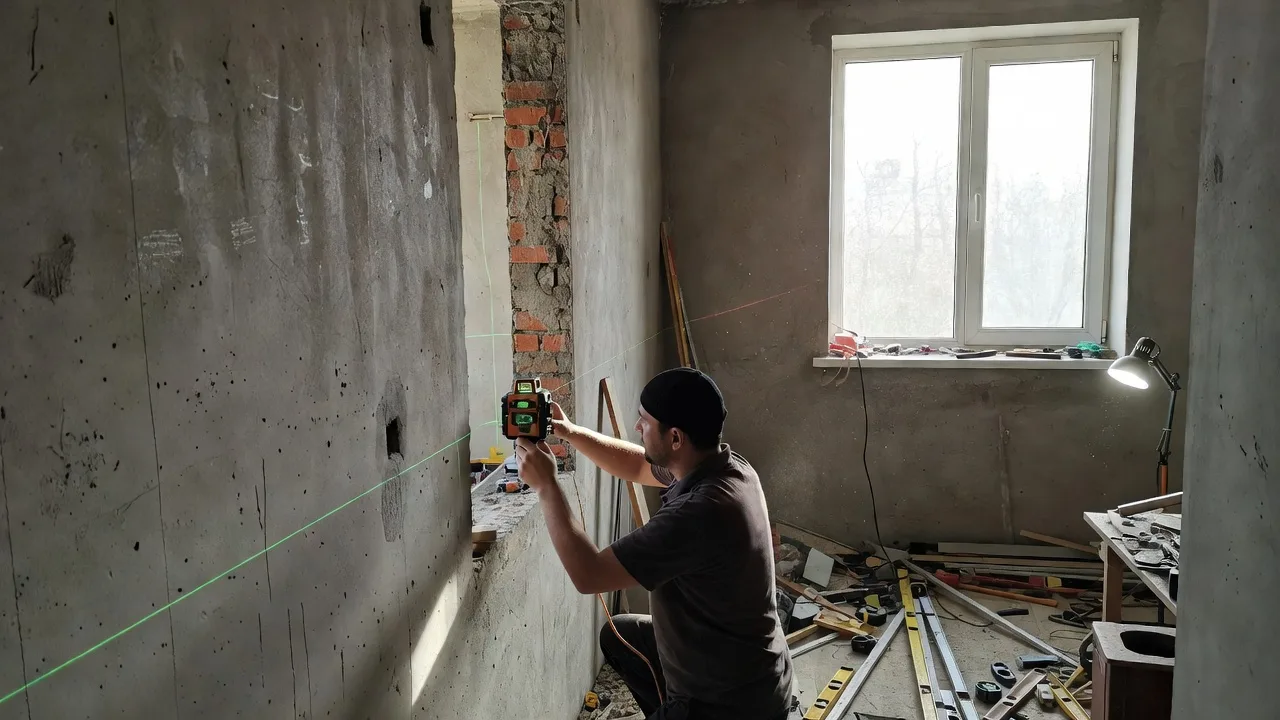 Прораб измеряет толщину капитальной стены и глубину оконного проёма лазерным уровнем на объекте интерьера частного дома в Тюмени