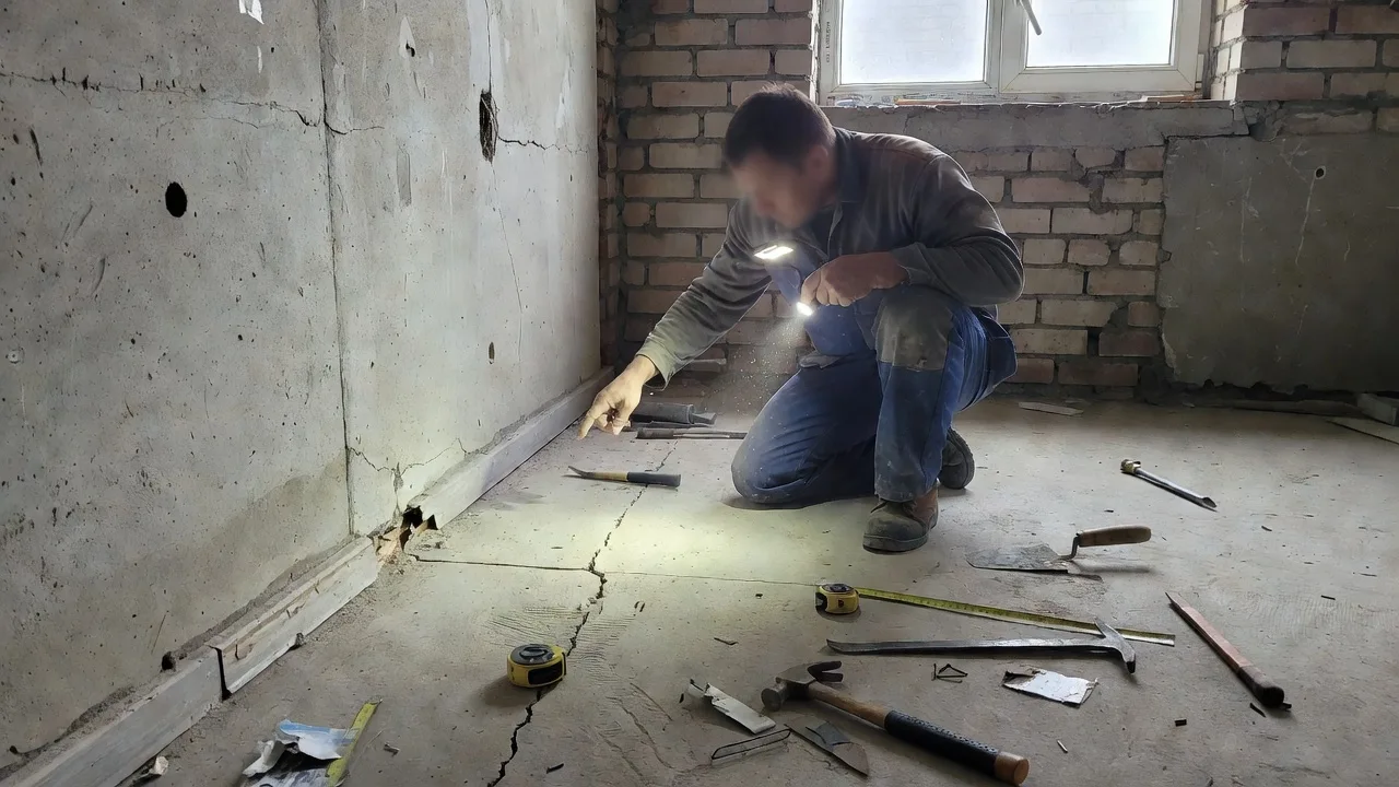 Прораб проверяет качество стыка напольного покрытия у стены — контроль ошибок монтажа на объекте