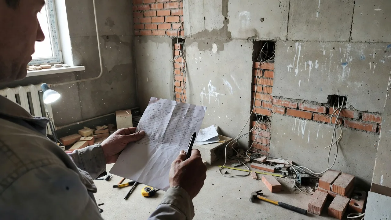 Прораб отмечает пункты в распечатанной смете на фоне недоделанной комнаты — проверка присланного документа
