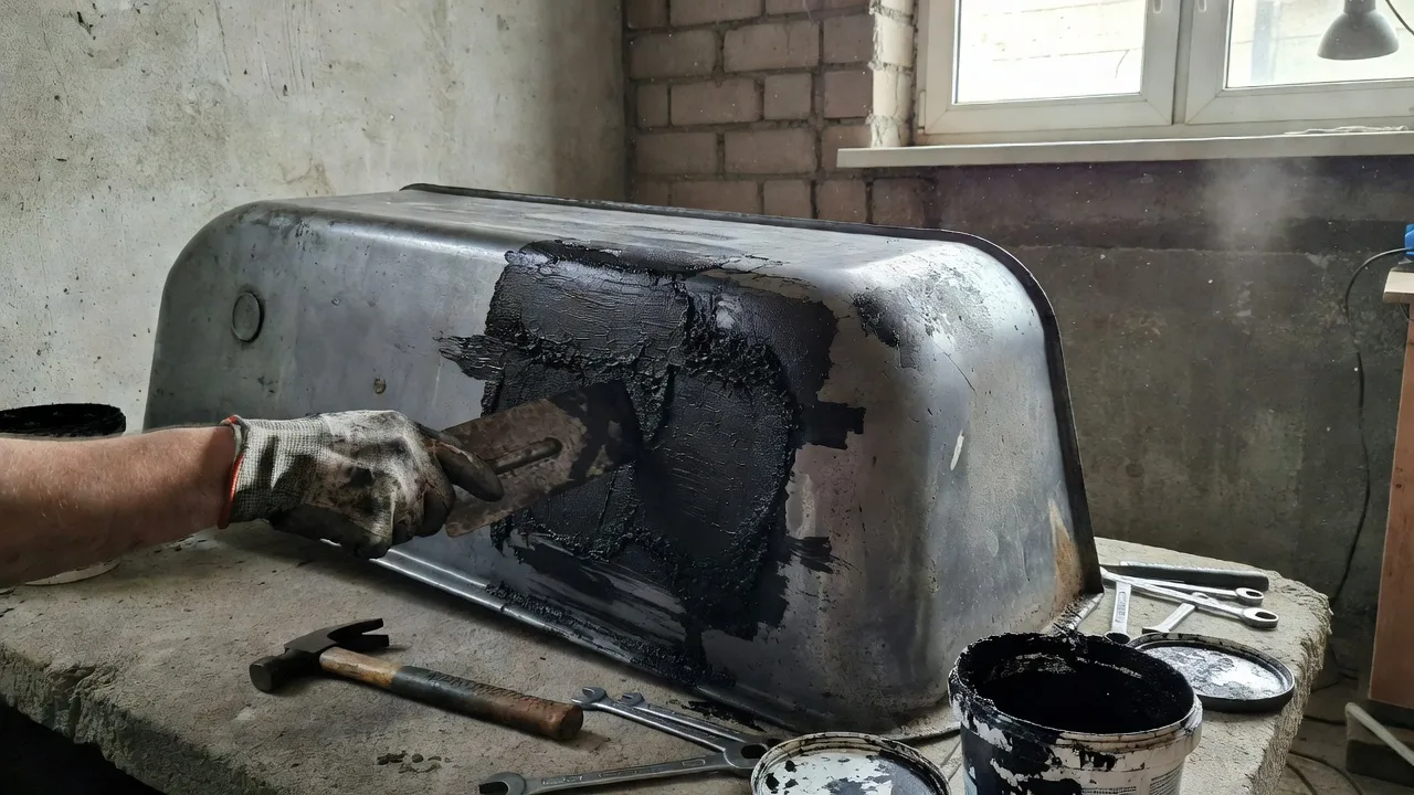 Мастер наносит шумоизоляционную мастику на дно стальной ванны перед монтажом — снижение шума воды
