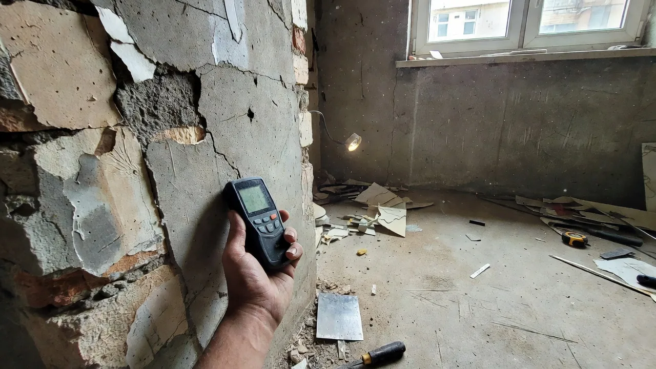 Прораб измеряет влажность стены влагомером на объекте в Тюмени перед покраской
