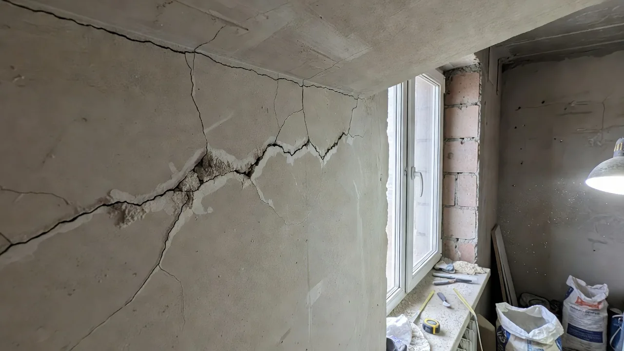 Трещина на стыке стены и потолка из-за пропущенной грунтовки — типичный брак экономии на косметическом ремонте