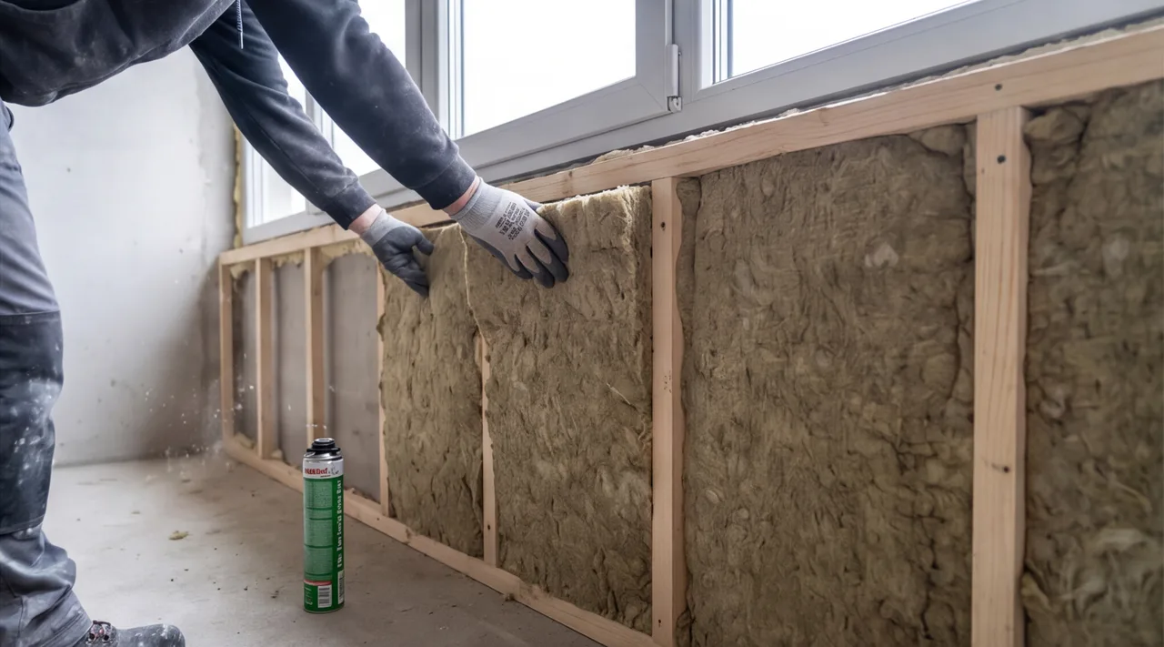 Утепление стены лоджии минеральной ватой между брусками обрешётки после монтажа остекления