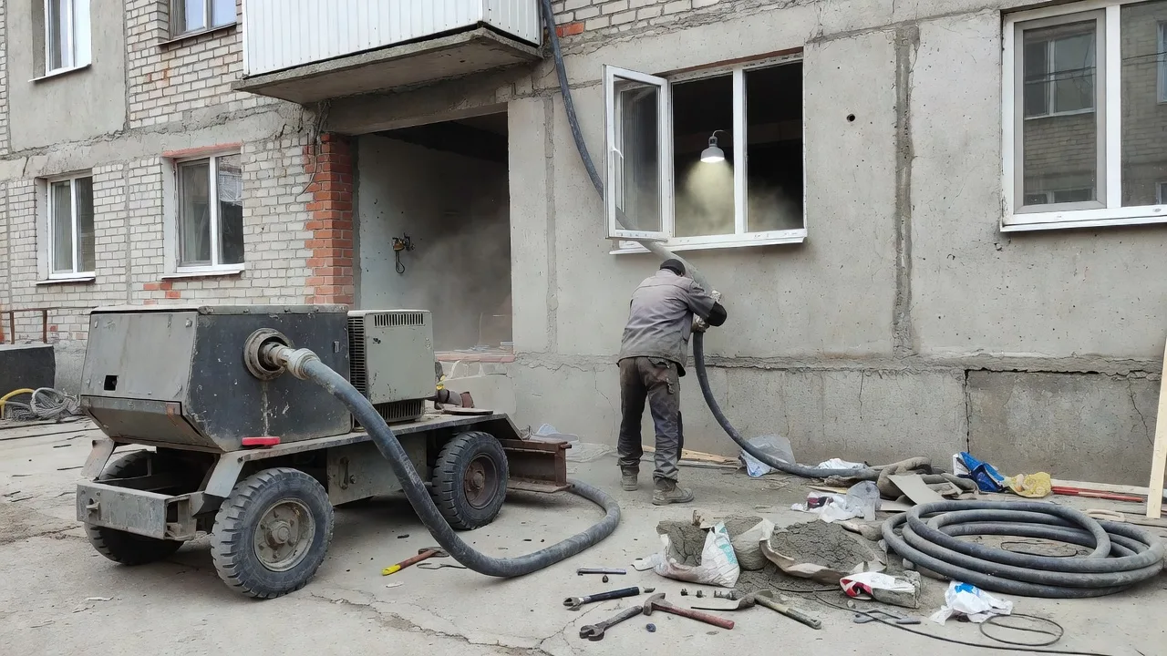 Пневмоподача полусухой стяжки: мобильная станция во дворе подаёт смесь по шлангу на этаж в Тюмени