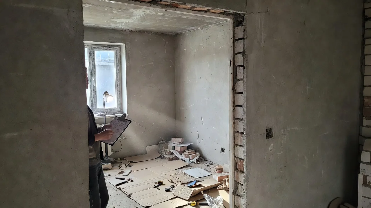 Покупатель с чек-листом осматривает пустую квартиру при приёмке у застройщика
