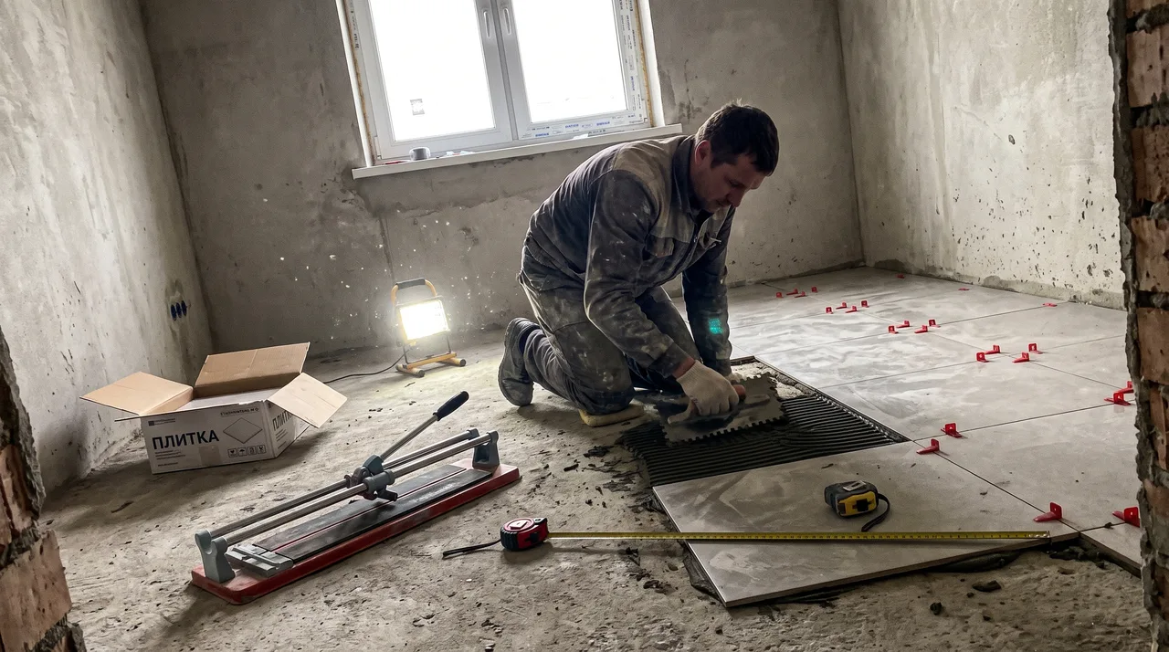 Укладка напольной плитки при финишной отделке — завершающий этап ремонта квартиры вторичка в Тюмени