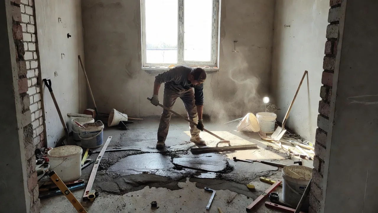 Заливка и разравнивание стяжки пола в пустой квартире — базовый этап, общий для всех уровней отделки при ремонте квартиры в Тюмени