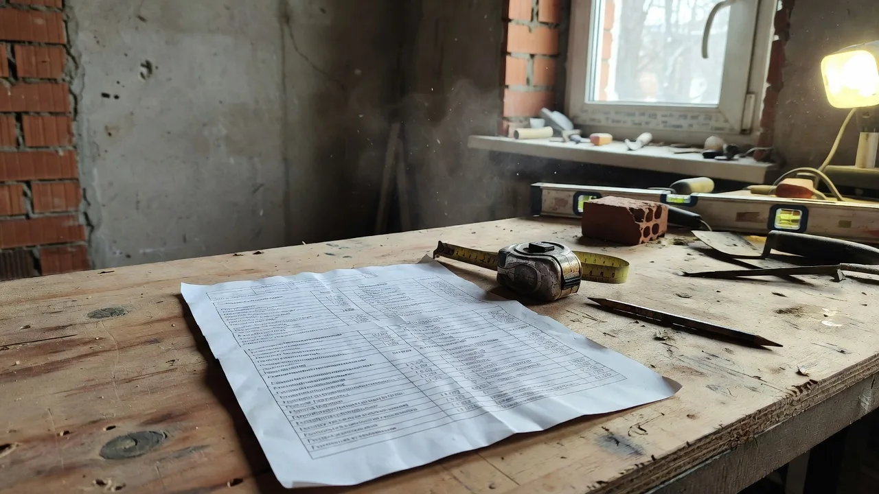 Смета ремонта квартиры со списком работ и материалов лежит на столе рядом с инструментами на объекте