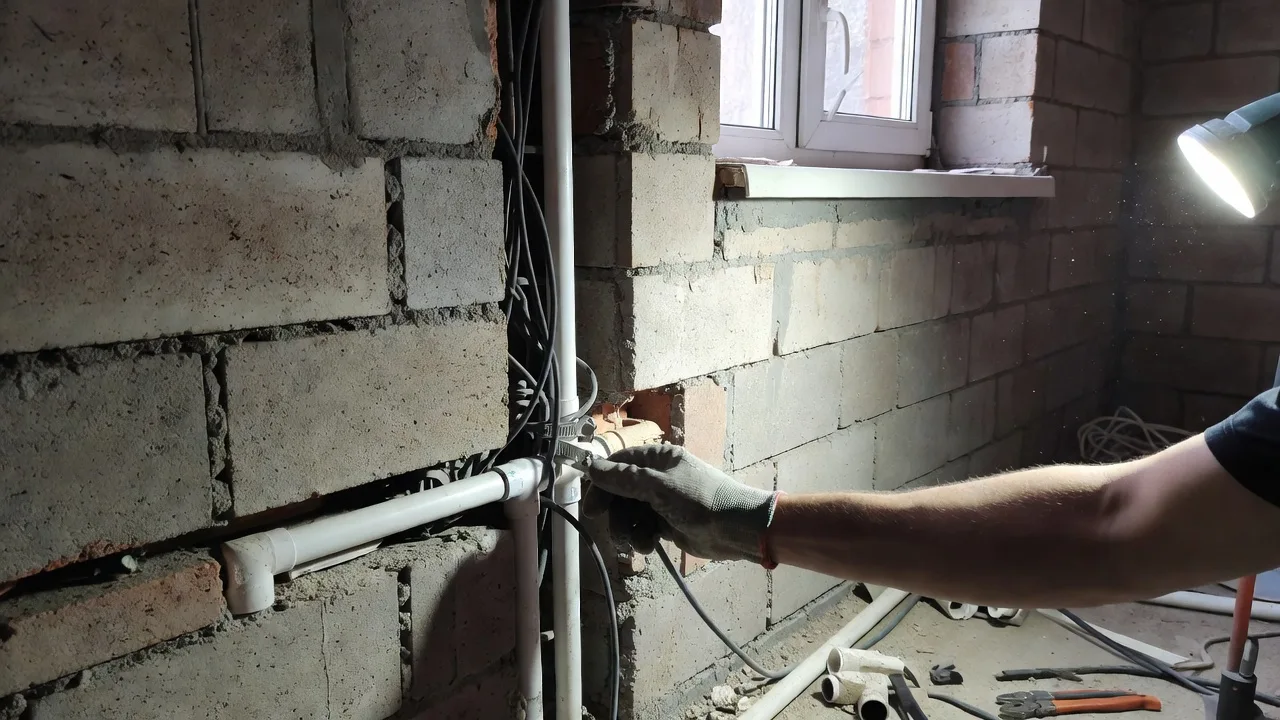 Проложенные в штробе трубы и электропроводка в стене квартиры до закрытия — скрытые работы из сметы ремонта