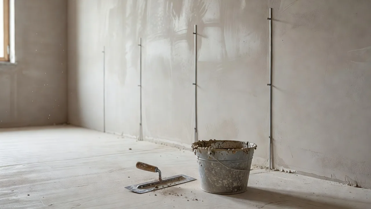 Свежий слой гипсовой штукатурки по маякам на стене пустой комнаты